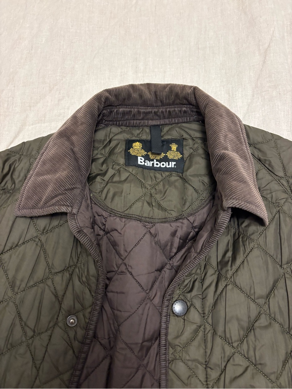 Barbour quilted chore coat with cord collar and trim